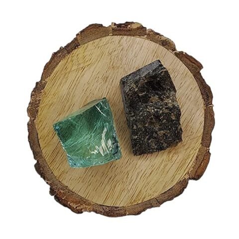 Divine Spirituals Aqua Marine Obsidian and Labradorite AAA Grade Raw Natural Crystal Combo with Wooden Natural Bark Coaster for Healing, Meditation and Manifestation Natural Healing Crystals Abundance Stones