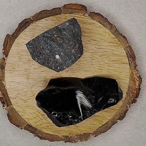 Divine Spirituals Black Obsidian and Hematite AAA Grade Raw Natural Crystal Combo with Wooden Natural Bark Coaster for Healing, Meditation and Manifestation Natural Healing Crystals Abundance Stones