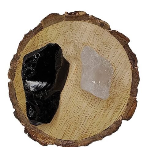 Divine Spirituals Black Obsidian and Clear Quartz AAA Grade Raw Natural Crystal Combo with Wooden Natural Bark Coaster for Healing, Meditation and Manifestation Natural Healing Crystals Abundance Stones