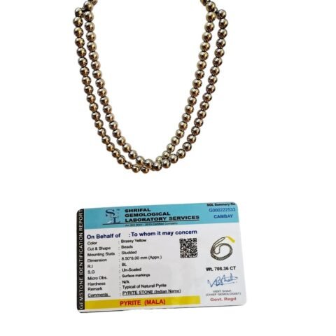 Divine Spirituals Certified Golden Pyrite Jaap Mala 108+1-8 mm Beads for Prosperitiy Wealth Willpower and Financial Abundance Crystal Mala Abundance Stones