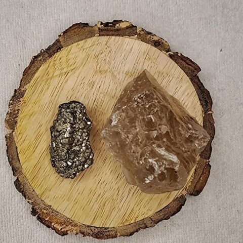 Divine Spirituals Pyrite and Smoky Quartz AAA Grade Raw Natural Crystal Combo with Wooden Natural Bark Coaster for Healing, Meditation and Manifestation Cubical Pyrite Clusters Abundance Stones