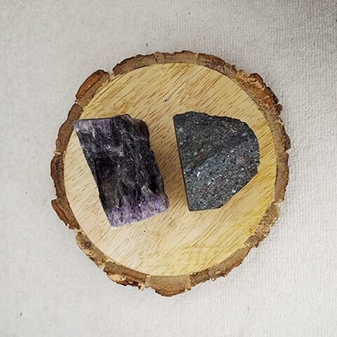 Divine Spirituals Hematite and Amethyst Raw Natural Stone Combo with Wooden Natural Bark Coaster for Healing, Meditation and Manifestation Natural Healing Crystals Abundance Stones