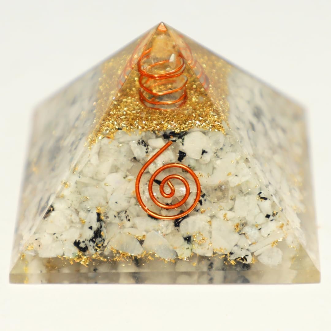 Divine Spirituals Natural Rainbow Moonstone Orgone Pyramid Vastu for Home Study Table Office Desk Reiki Feng Shui Reiki Symbol Crystal Showpieces for Home Decor Education Gifts Sculptures Abundance Stones
