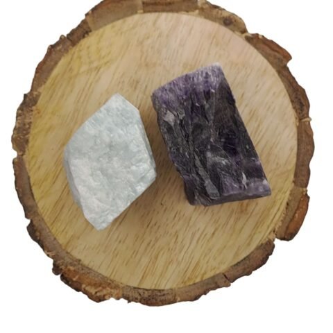 Divine Spirituals Amazonite and Amethyst AAA Grade Raw Natural Crystal Combo with Wooden Natural Bark Coaster for Healing, Meditation and Manifestation Natural Healing Crystals Abundance Stones