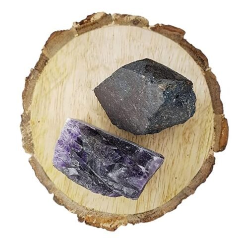 Divine Spirituals Amethyst and Hematite AAA Grade Raw Natural Crystal Combo with Wooden Natural Bark Coaster for Healing, Meditation and Manifestation Natural Healing Crystals Abundance Stones