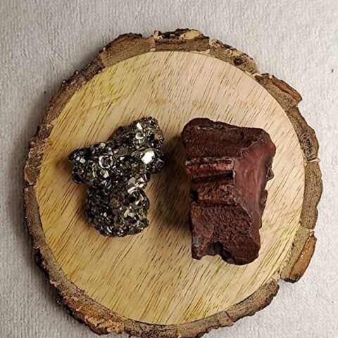 Divine Spirituals Pyrite and Jade AAA Grade Raw Natural Crystal Combo with Wooden Natural Bark Coaster for Healing, Meditation and Manifestation Cubical Pyrite Clusters Abundance Stones