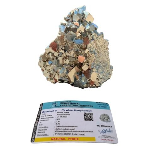 Divine Spirituals Golden Pyrite Big Stone Original Crystal Lab Certified Cluster Geode – High Energy Natural Iron Pyrite Stone Gold Rock Reiki Crystal Stone For Abundance (740 Grams) with Pine Wood Box Cubical Pyrite Clusters Abundance Stones