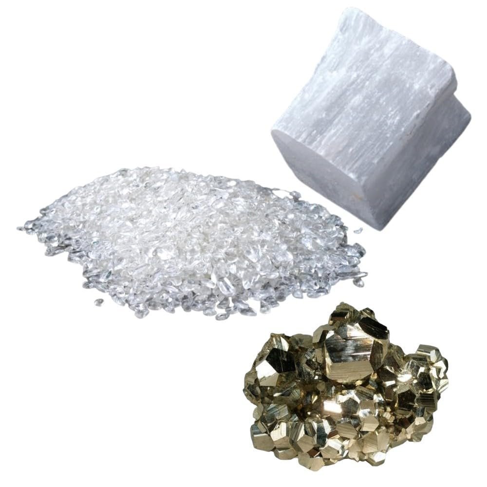 Divine Spirituals Pyrite Stone Original Certified Natural Raw Geode 40 Grams with 50 Grams Natural Green Aventurine Chips and 1 Natural Selenite Stone Raw Block for Healing Meditation and Manifesting Abundance Cubical Pyrite Clusters Abundance Stones