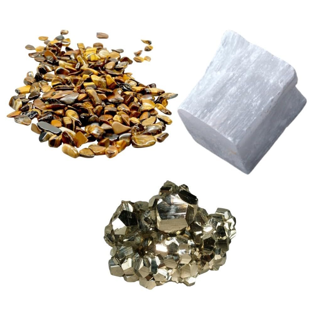 Divine Spirituals Pyrite Stone Original Certified Natural Raw Geode 40 Grams with 50 Grams Natural Smoky Quartz Chips and 1 Natural Selenite Stone Raw Block for Healing Meditation and Manifesting Abundance Cubical Pyrite Clusters Abundance Stones 2