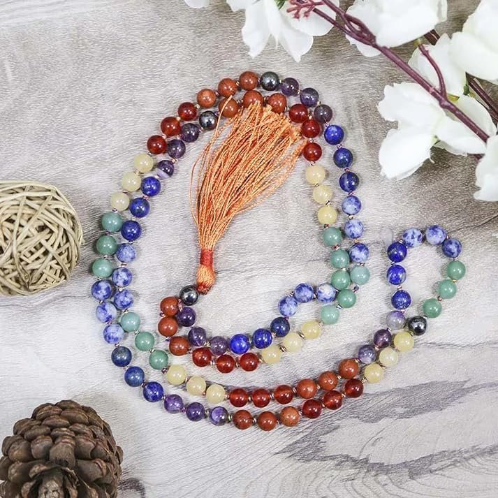Divine Spirituals 7 Chakra Pure Natural Certified Jaap Mala for Men and Women Natural Pure 8 mm Beads – for Yoga Reiki Meditation Feng Shui with Palo Santo Smudge Stick Crystal Mala 7 Chakra Japa Mala 2