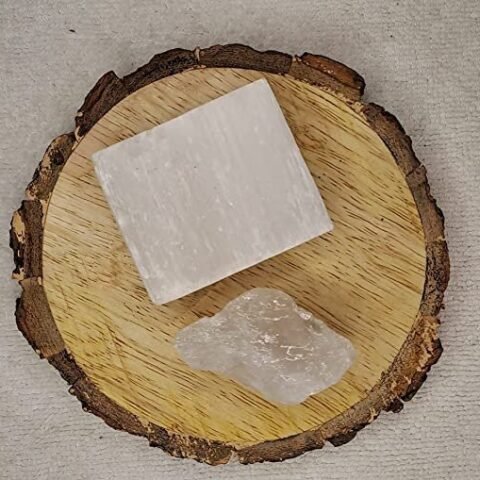 Divine Spirituals Clear Quartz and Selenite AAA Grade Raw Natural Crystal Combo with Wooden Natural Bark Coaster for Healing, Meditation and Manifestation Natural Healing Crystals Abundance Stones
