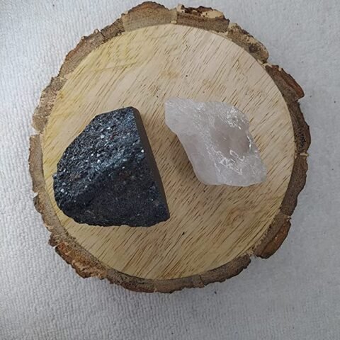 Divine Spirituals Hematite and Clear Quartz AAA Grade Raw Natural Crystal Combo with Wooden Natural Bark Coaster for Healing, Meditation and Manifestation Natural Healing Crystals Abundance Stones