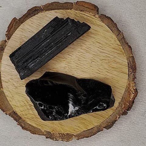 Divine Spirituals Black Obsidian and Black Tourmaline AAA Grade Raw Natural Crystal Combo with Wooden Natural Bark Coaster for Healing Meditation and Manifestation Natural Healing Crystals Abundance Stones