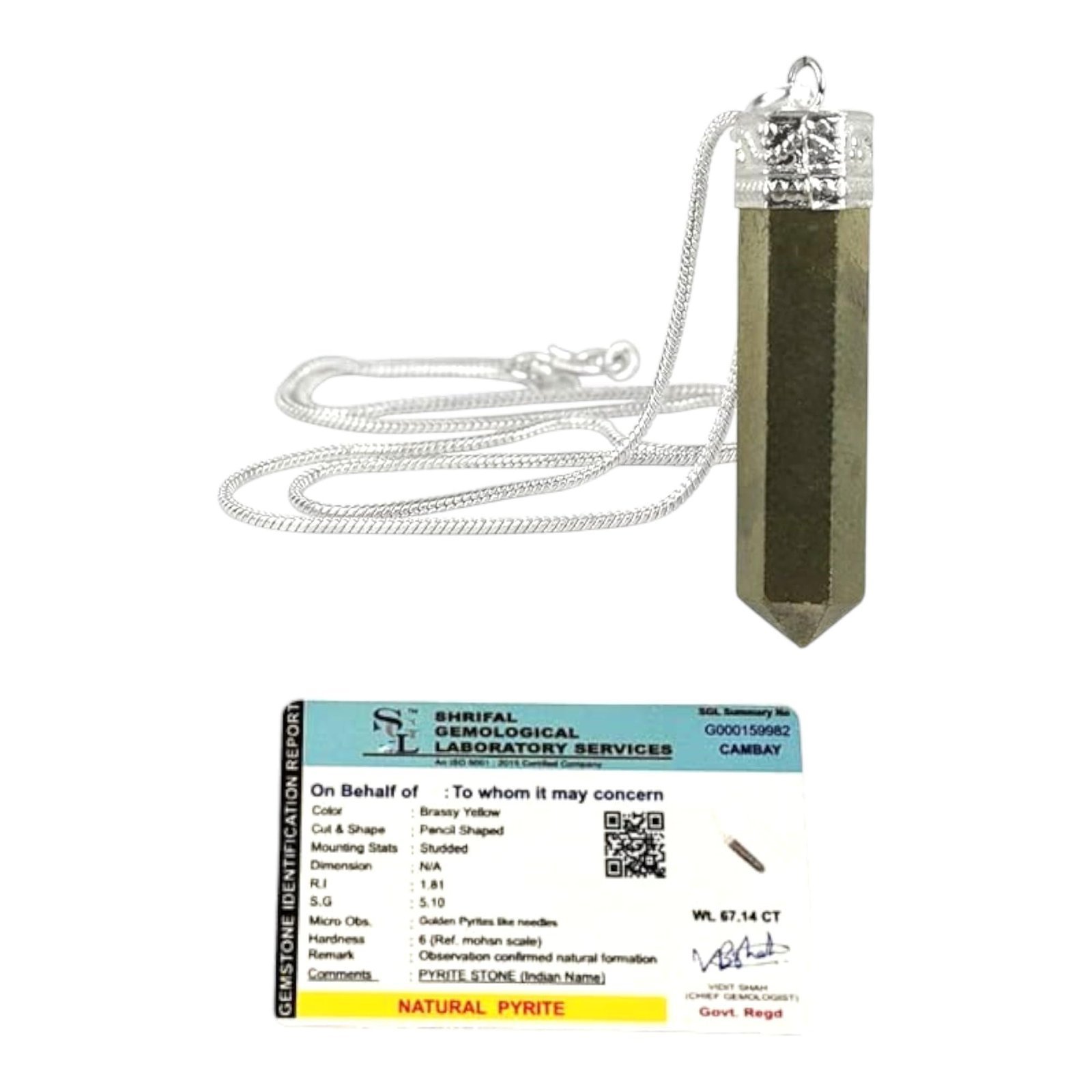 Divine Spirituals Natural Pyrite Pencil Pendant Original Certified Polished Unisex Pencil Pendant with German Silver Chain For Prosperity, Abundance & Manifestation Crystal Jewelry Abundance Stones