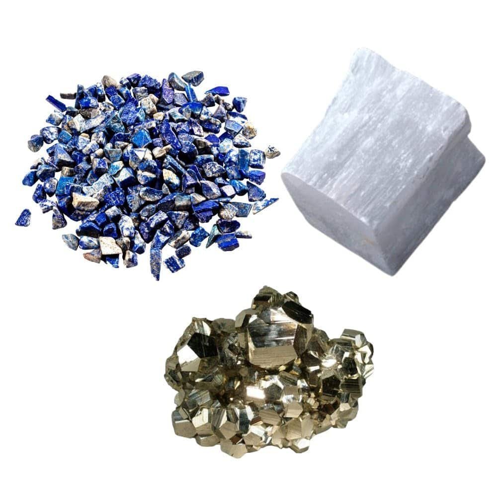 Divine Spirituals Pyrite Stone Original Certified Natural Raw Geode 40 Grams with 50 Grams Natural Malachite Chips and 1 Natural Selenite Stone Raw Block for Healing Meditation and Manifesting Abundance Crystal Mala Abundance Stones