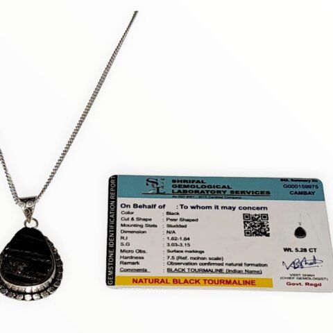 Divine Spirituals Black Tourmaline Certified Pendant Natural Crystal AAA Grade Unisex Pendant for Reiki Healing With Silver Polish Metal Chain Crystal Jewelry Abundance Stones