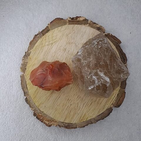 Divine Spirituals Carnelian and Smoky Quartz AAA Grade Raw Natural Crystal Combo with Wooden Natural Bark Coaster for Healing, Meditation and Manifestation Natural Healing Crystals Abundance Stones