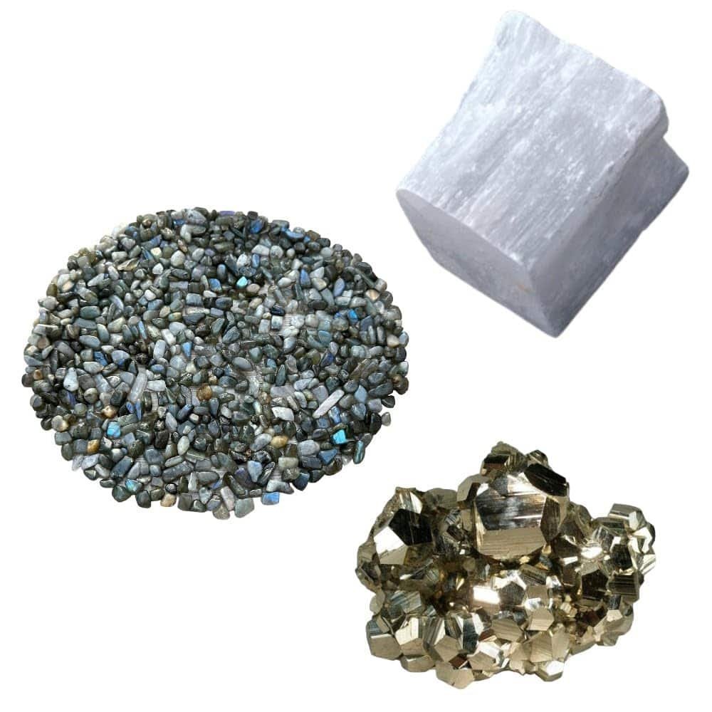 Divine Spirituals Pyrite Stone Original Certified Natural Raw Geode 40 Grams with 50 Grams Natural Lapis Lazuli Chips and 1 Natural Selenite Stone Raw Block for Healing Meditation and Manifesting Abundance Cubical Pyrite Clusters Abundance Stones