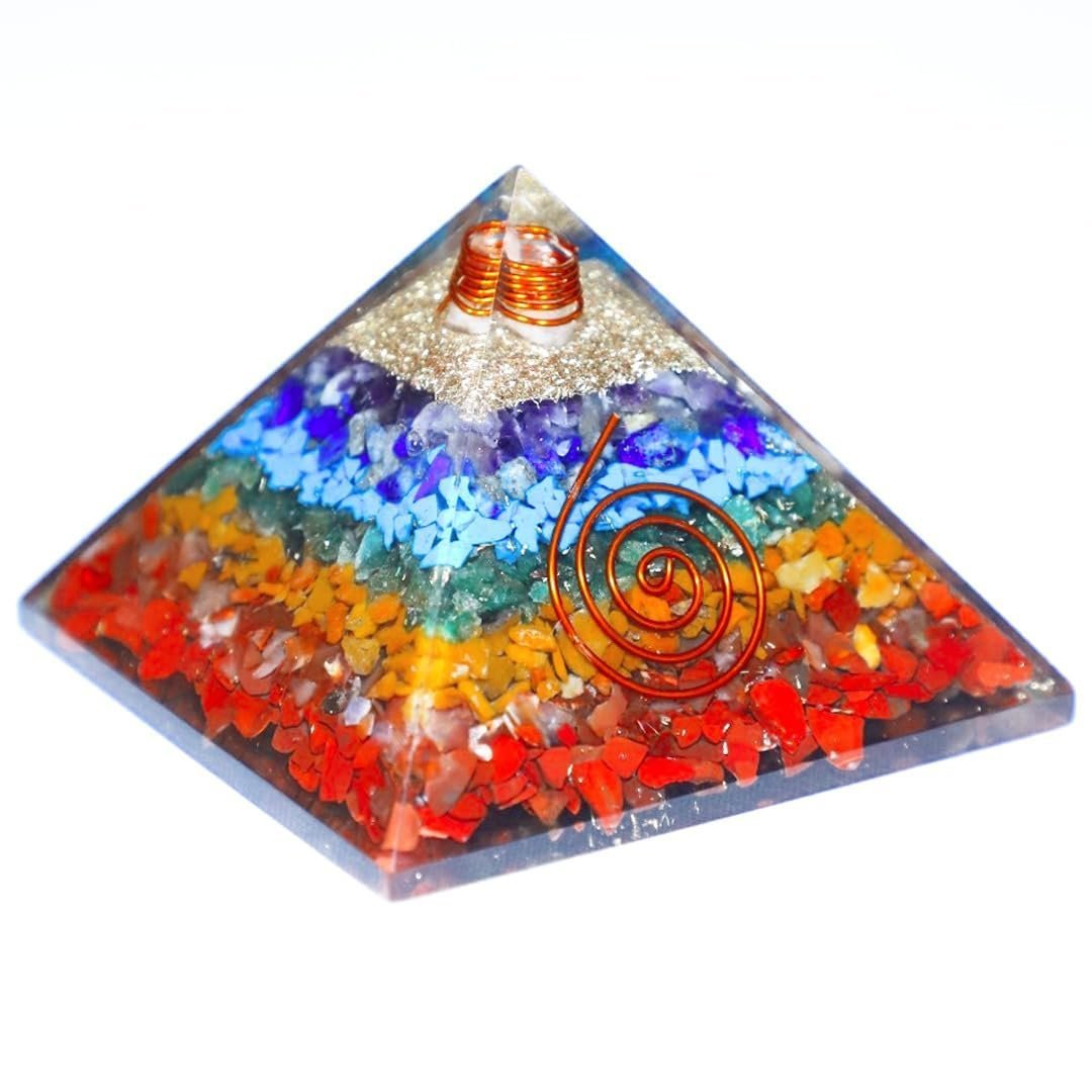 Divine Spirituals Natural Seven Chakra Orgone Pyramid Vastu for Home Study Table Office Desk Reiki Feng Shui Reiki Symbol Crystal Showpieces for Home Decor Education Gifts Idol Figures & Figurines Abundance Stones