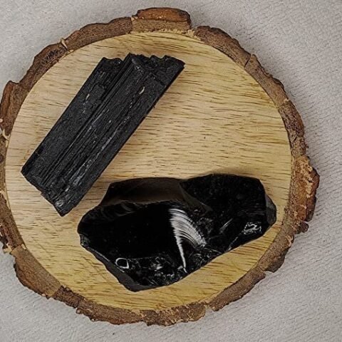 Divine Spirituals Black Obsidian and Black Tourmaline AAA Grade Raw Natural Crystal Combo with Wooden Natural Bark Coaster for Healing Meditation and Manifestation Natural Healing Crystals Abundance Stones 2