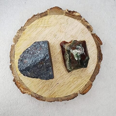 Divine Spirituals Hematite and Blood Stone AAA Grade Raw Natural Crystal Combo with Wooden Natural Bark Coaster for Healing, Meditation and Manifestation Natural Healing Crystals Abundance Stones