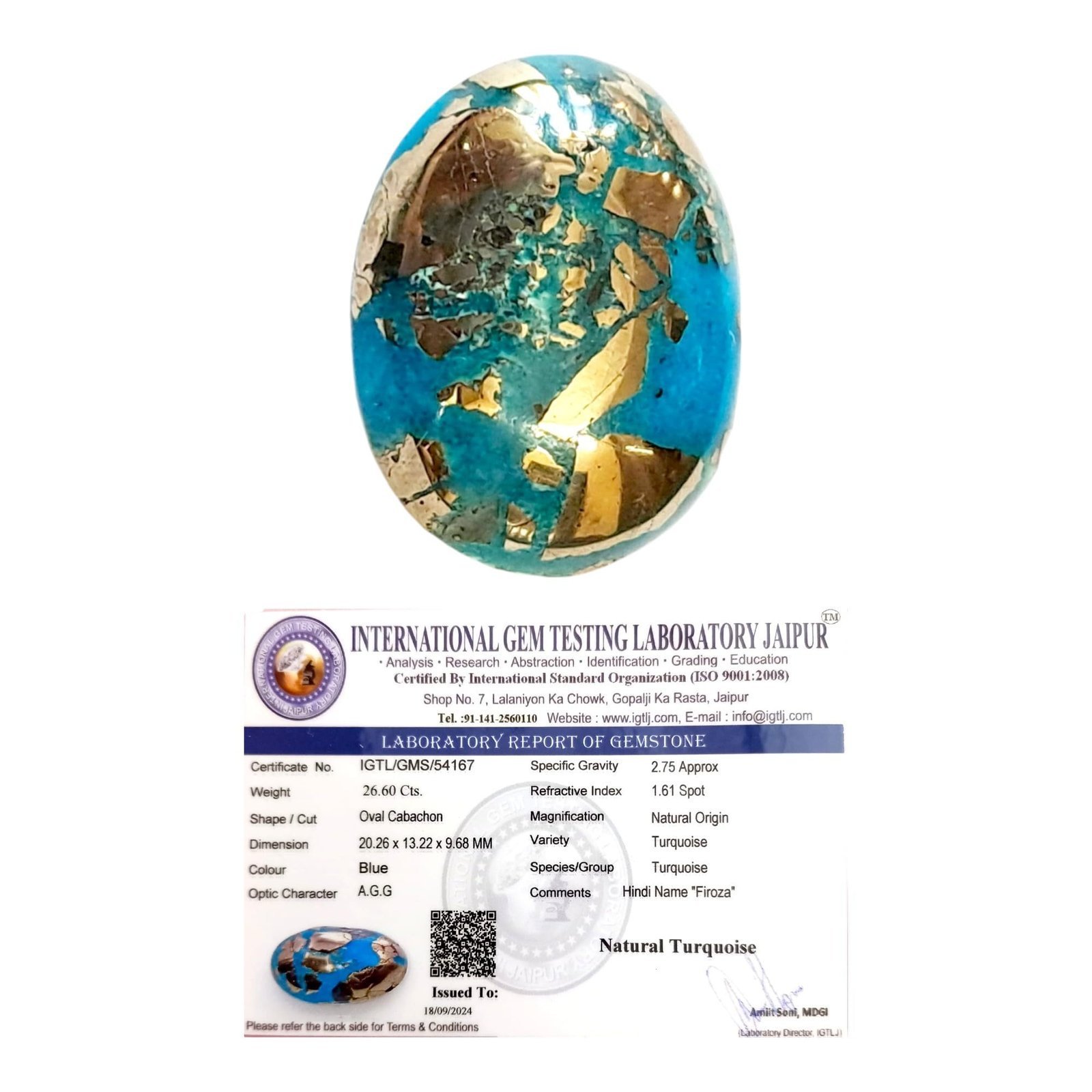 Divine Spirituals Natural Turquoise Gemstone Original Firoza Stone Premium Certified Unisex Cabochon For Prosperity, Healing & Protection For Ring & Pendant Jewelry approx. 26 carat Irani Firoza Abundance Stones