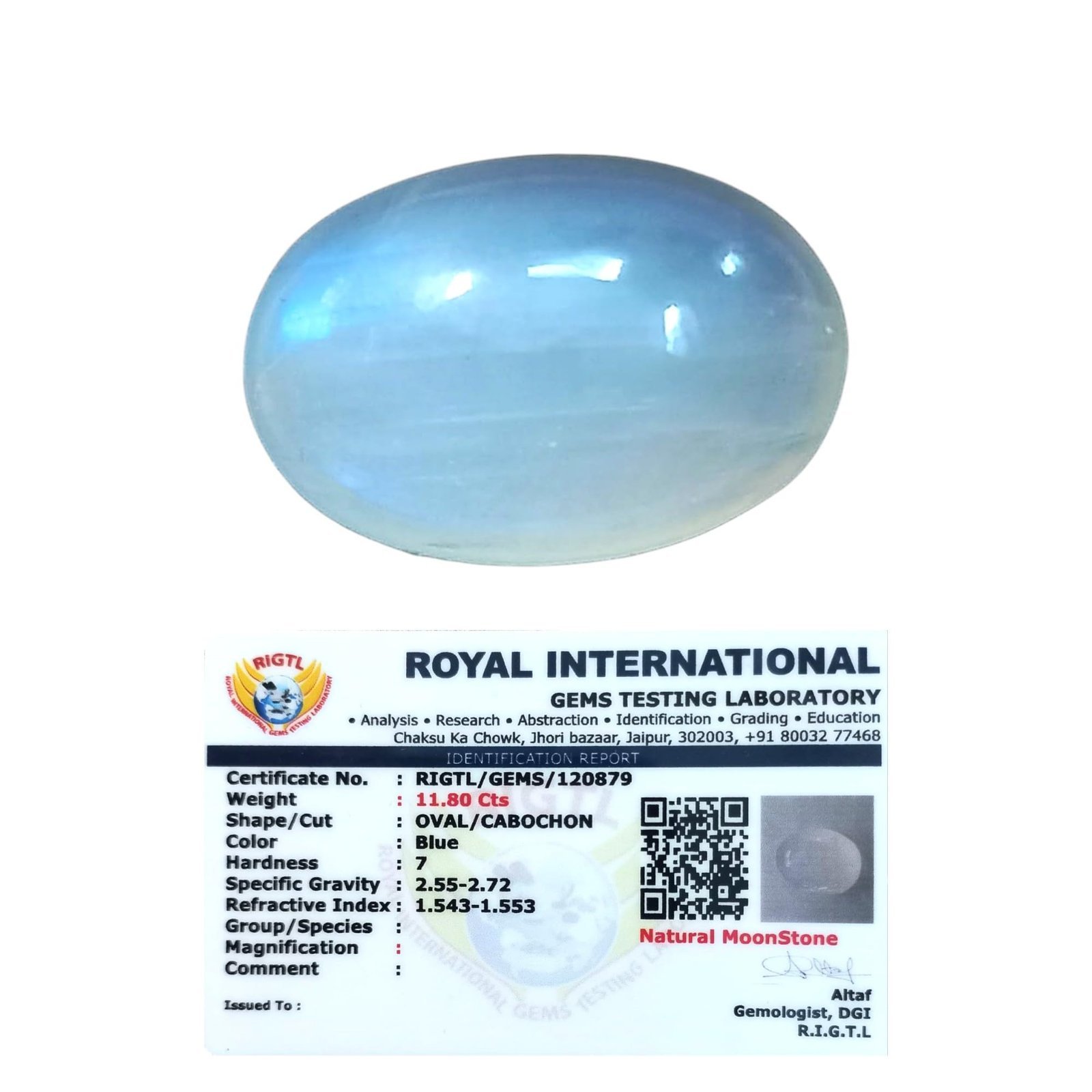 Divine Spirituals Natural Ceylon Blue Moonstone Gemstone (Chandrakant Mani) Original Lab-Certified AAA Grade Premium Oval-shaped Cabochon For Peace, Balance, Meditation & Jewelry approx. 10-12 carat Blue Moon Stone Gemstones Abundance Stones