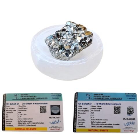 Divine Spirituals Pyrite Stone Original Certified Cluster with Selenite Bowl with White Sage Leaves for Smudging – to Power up the Stone – For Willpower and Manifesting Financial Abundance and Success Cubical Pyrite Clusters Abundance Stones