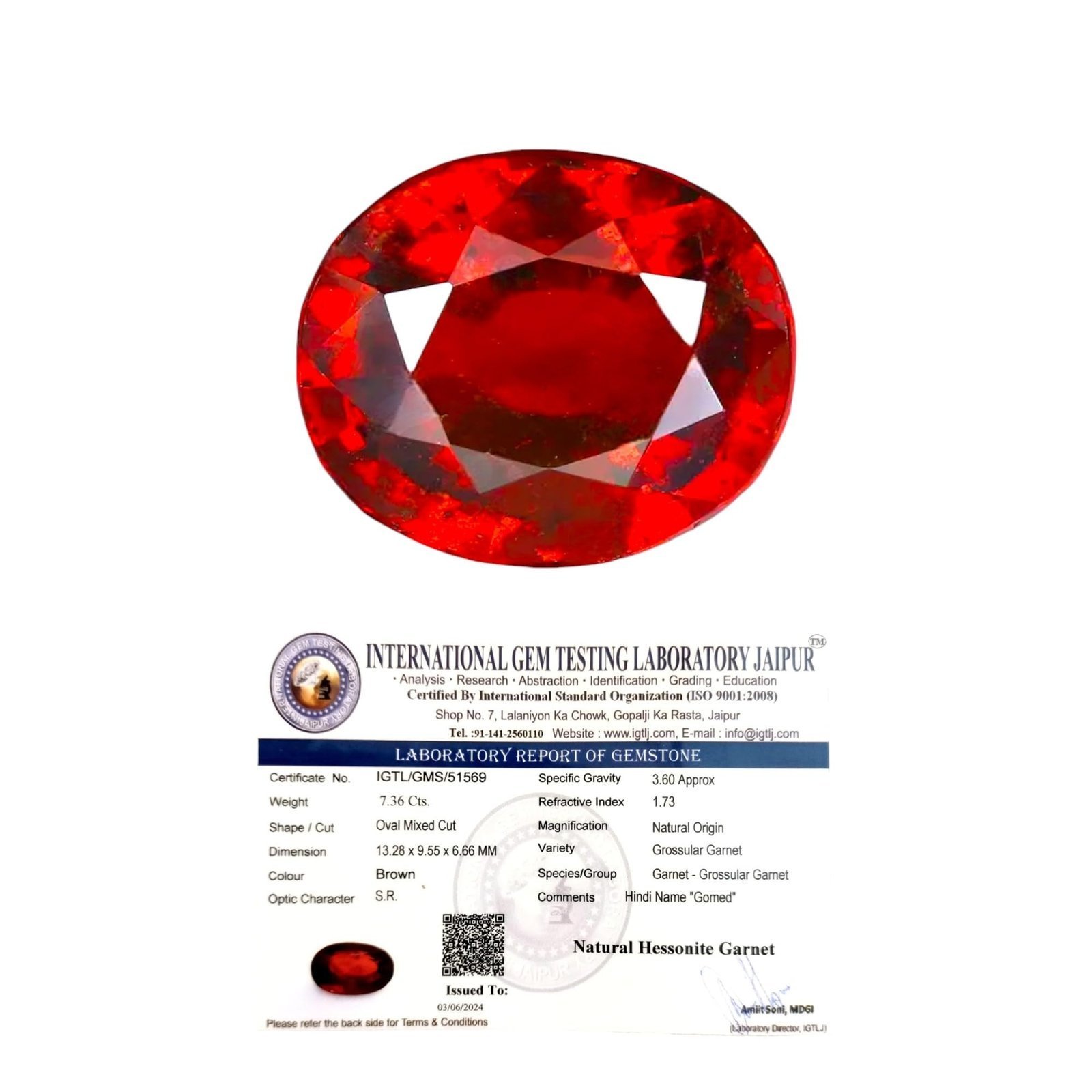Divine Spirituals Natural African Hessonite Garnet Gemstone (Gomed) Original Lab-Certified AAA Grade Premium Oval-shaped Cabochon For Healing, Meditation & Ring Jewelry 7 carat approx. Gomed Gemstones Abundance Stones