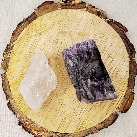 Divine Spirituals Clear Quartz and Amethyst AAA Grade Raw Natural Crystal Combo with Wooden Natural Bark Coaster for Healing, Meditation and Manifestation Natural Healing Crystals Abundance Stones