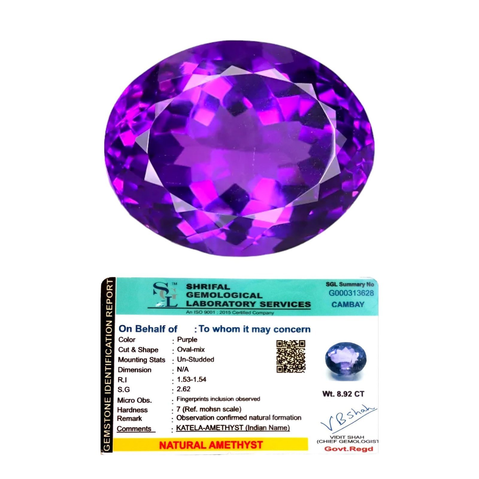 Divine Spirituals Premium Amethyst Gemstone Original Certified Unisex Natural oval-cut Katela/Jamunia Gem For Crown Chakra, Third Eye, Peace, Planet Saturn & Ring Jewellery approx 8 carat Amethyst Gemstones Abundance Stones