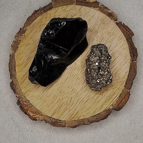 Divine Spirituals Black Obsidian and Pyrite AAA Grade Raw Natural Crystal Combo with Wooden Natural Bark Coaster for Healing, Meditation and Manifestation Cubical Pyrite Clusters Abundance Stones