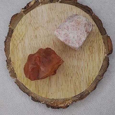 Divine Spirituals Carnelian and Sunstone Raw Natural Crystal Combo with Wooden Natural Bark Coaster for Healing Meditation and Manifestation Natural Healing Crystals Abundance Stones 2