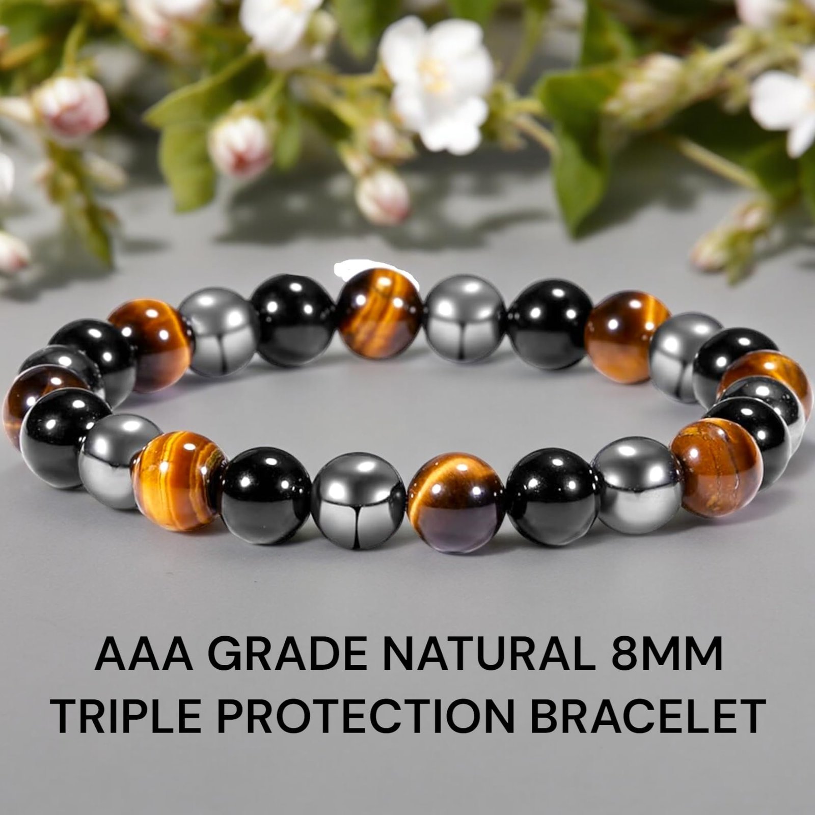 Divine Spirituals Premium Real Triple Protection Bracelet Tiger’s Eye Hematite Black Obsidian 8mm Lab-Certified Stretchable Original Crystal Bracelet For Men & Women Chakra Healing Bracelets Abundance Stones 2