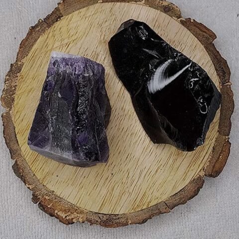 Divine Spirituals Amethyst and Black Obsidian AAA Grade Raw Natural Crystal Combo with Wooden Natural Bark Coaster for Healing, Meditation and Manifestation Natural Healing Crystals Abundance Stones