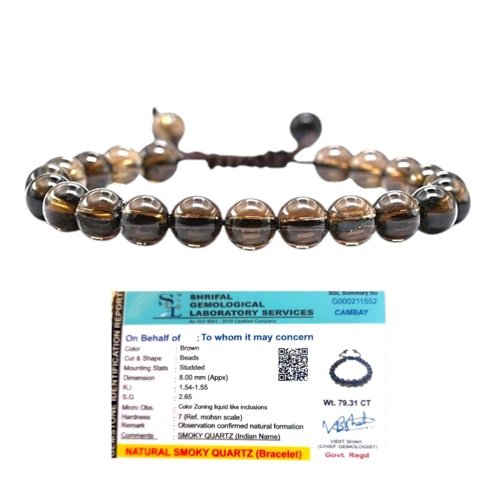 Divine Spirituals Natural Smoky Quartz Bracelet Original Certified 8mm Unisex Adjustable Thread Premium Real Crystal Bracelet for Grounding, Protection, & Emotional Stability Chakra Healing Bracelets Abundance Stones