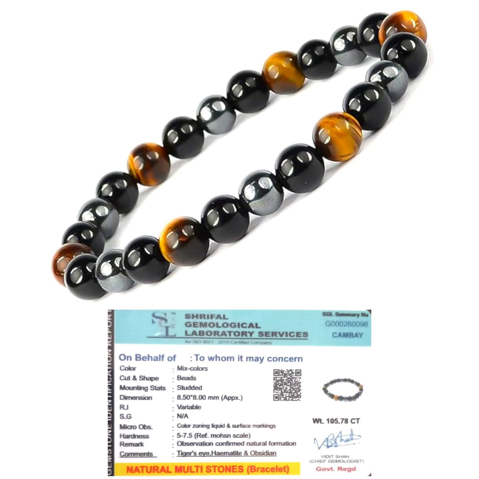 Divine Spirituals Premium Triple Action Bracelet Tiger’s Eye Hematite Black Obsidian 8mm Lab-Certified Unisex Crystal Bracelet For Protection, Prosperity & Removing Negativity Chakra Healing Bracelets Abundance Stones