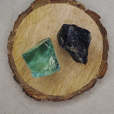Divine Spirituals Aqua Marine Obsidian and Sodalite AAA Grade Raw Natural Crystal Combo with Wooden Natural Bark Coaster for Healing, Meditation and Manifestation Natural Healing Crystals Abundance Stones