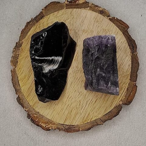 Divine Spirituals Black Obsidian and Amethyst AAA Grade Raw Natural Crystal Combo with Wooden Natural Bark Coaster for Healing, Meditation and Manifestation Natural Healing Crystals Abundance Stones