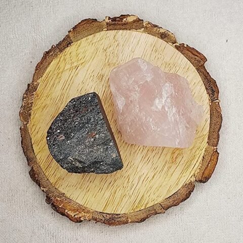 Divine Spirituals Hematite and Rose Quartz AAA Grade Raw Natural Crystal Combo with Wooden Natural Bark Coaster for Healing, Meditation and Manifestation Natural Healing Crystals Abundance Stones