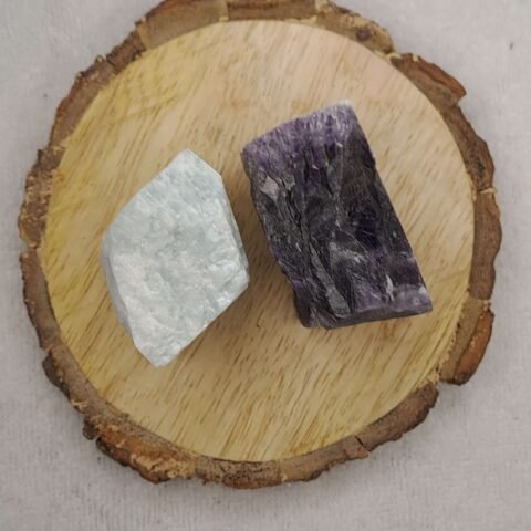Divine Spirituals Amazonite + Amethyst AAA Grade Raw Natural Crystal Combo with Wooden Natural Bark Coaster for Healing, Meditation and Manifestation Natural Healing Crystals Abundance Stones