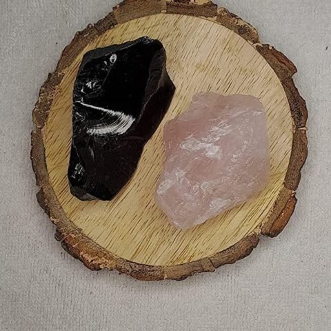 Divine Spirituals Black Obsidian and Rose Quartz AAA Grade Raw Natural Crystal Combo with Wooden Natural Bark Coaster for Healing, Meditation and Manifestation Natural Healing Crystals Abundance Stones