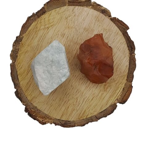 Divine Spirituals Amazonite + Carnelian AAA Grade Raw Natural Crystal Combo with Wooden Natural Bark Coaster for Healing, Meditation and Manifestation Natural Healing Crystals Abundance Stones