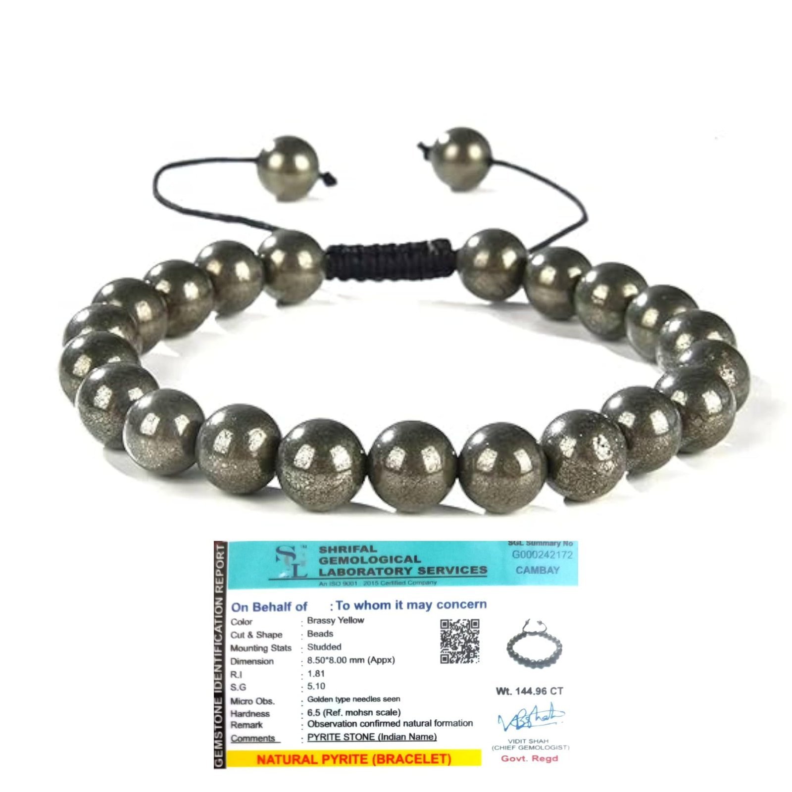 Divine Spirituals Premium Pyrite Adjustable Thread Bracelet Lab-Certified AAA Grade 8mm Handmade Bracelet Original Real Pyrite For Prosperity, Abundance & Manifestation For Men & Women Chakra Healing Bracelets Abundance Stones