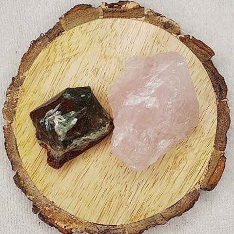 Divine Spirituals Blood Stone and Rose Quartz AAA Grade Raw Natural Crystal Combo with Wooden Natural Bark Coaster for Healing, Meditation and Manifestation Natural Healing Crystals Abundance Stones