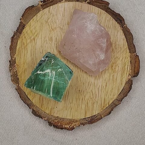 Divine Spirituals Aqua Marine Obsidian and Rose Quartz Raw Natural Crystal Combo with Wooden Natural Bark Coaster Natural Healing Crystals Abundance Stones 2