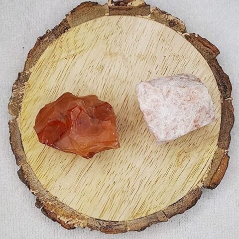 Divine Spirituals Carnelian and Sunstone Raw Natural Crystal Combo with Wooden Natural Bark Coaster for Healing Meditation and Manifestation Natural Healing Crystals Abundance Stones