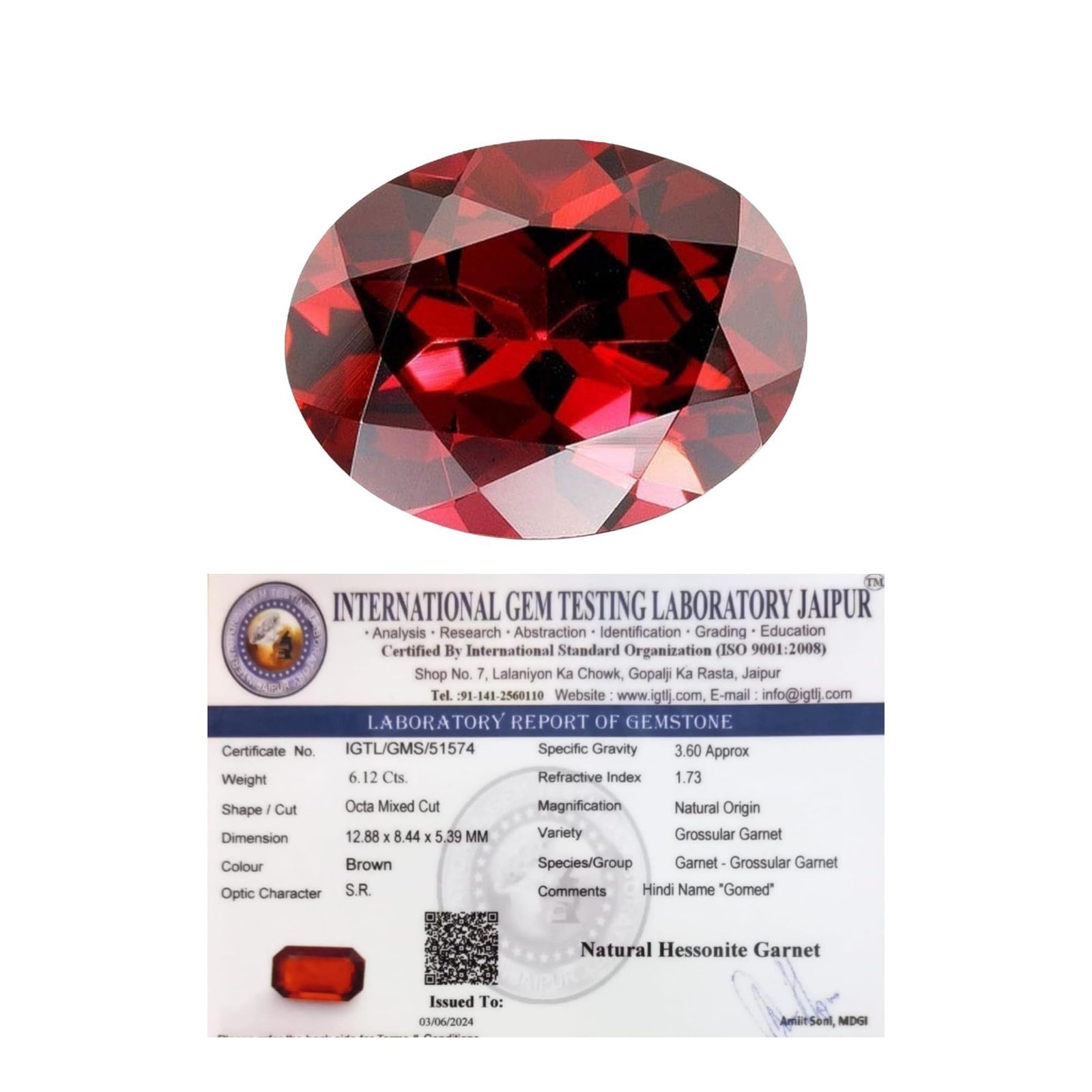 Divine Spirituals Natural African Hessonite Garnet Gemstone (Gomed) Original Lab-Certified AAA Grade Premium Oval-shaped Cabochon For Healing, Meditation & Ring Jewelry For Men & Women 6 carat Gomed Gemstones Abundance Stones