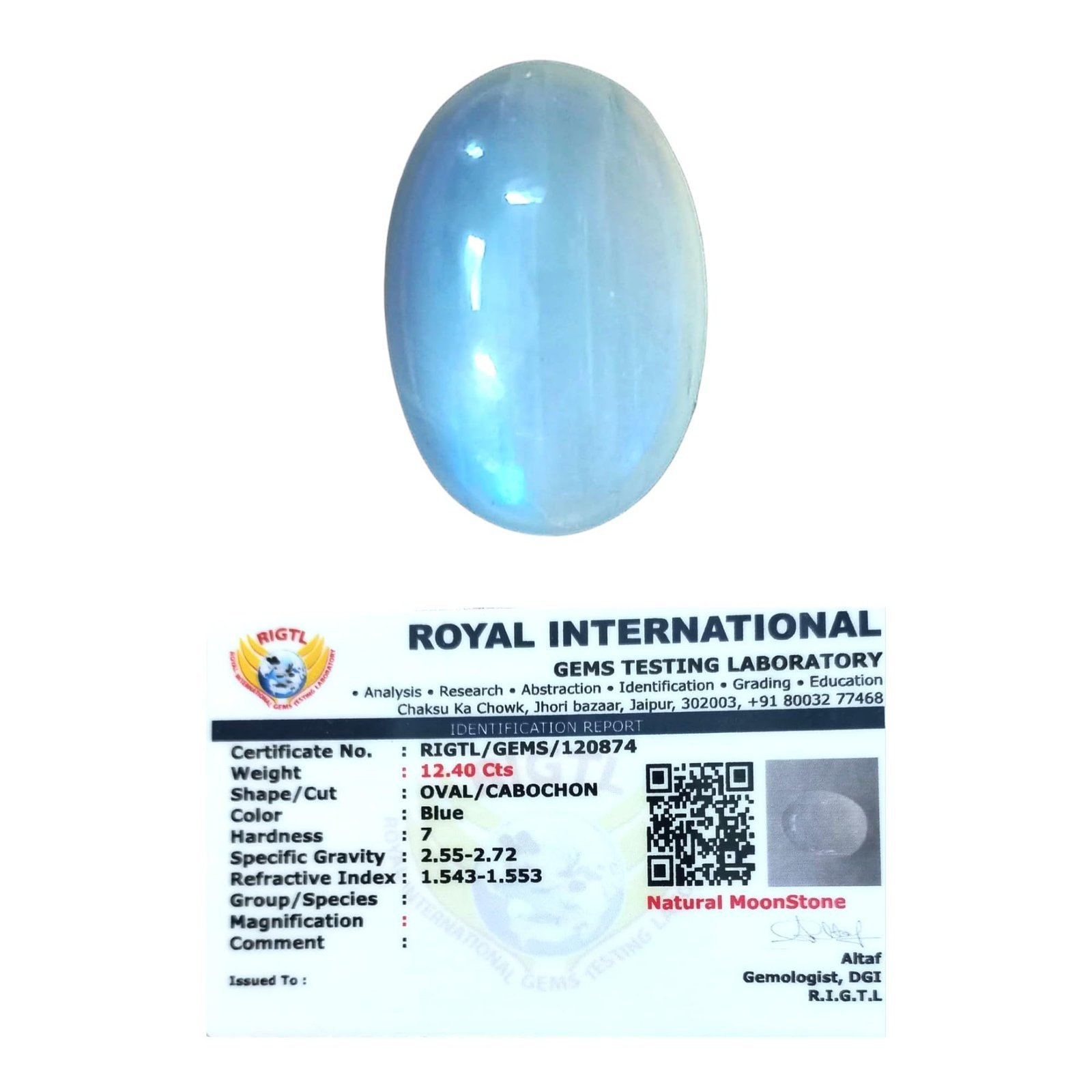 Divine Spirituals Natural Ceylon Blue Moonstone Gemstone (Chandrakant Mani) Original Lab-Certified AAA Grade Premium Oval-shaped Cabochon For Peace, Balance, Meditation & Jewelry approx. 12-14 carat Blue Moon Stone Gemstones Abundance Stones