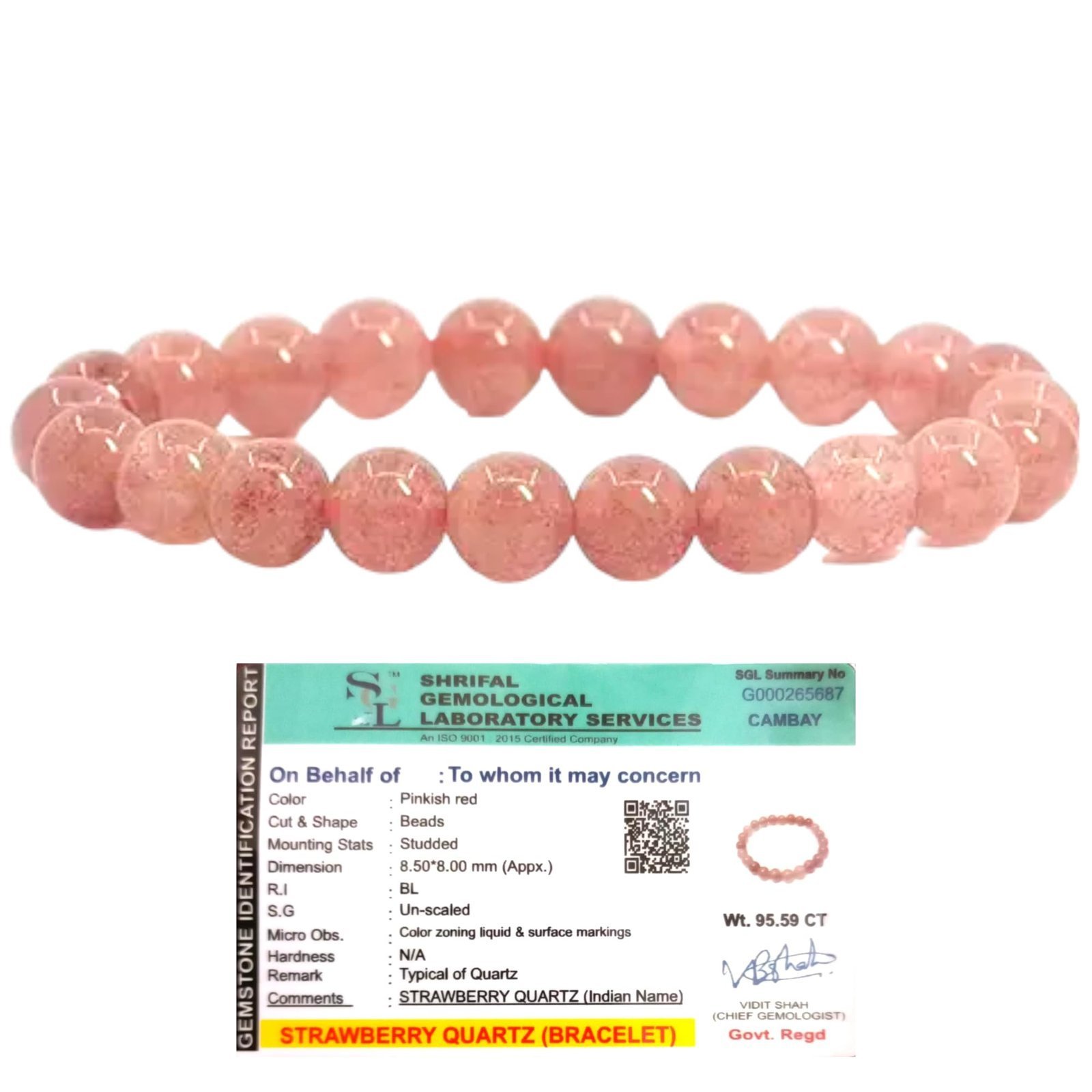Divine Spirituals AAA Grade Natural Strawberry Quartz Bracelet 8mm Lab-certified Stretchable Original Real Crystal Bracelet For Heart Chakra, Love, Prosperity, Grounding & Manifestation For Men & Women Chakra Healing Bracelets Abundance Stones